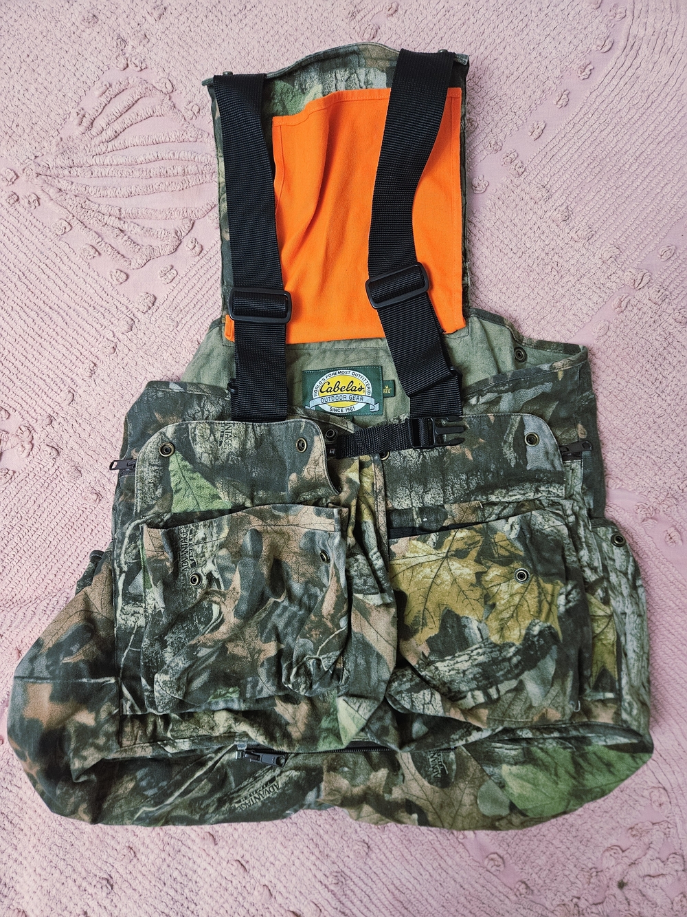 Cabela's Mossy Oak Camo Bird Hunting Vest Blaze Orange Panel